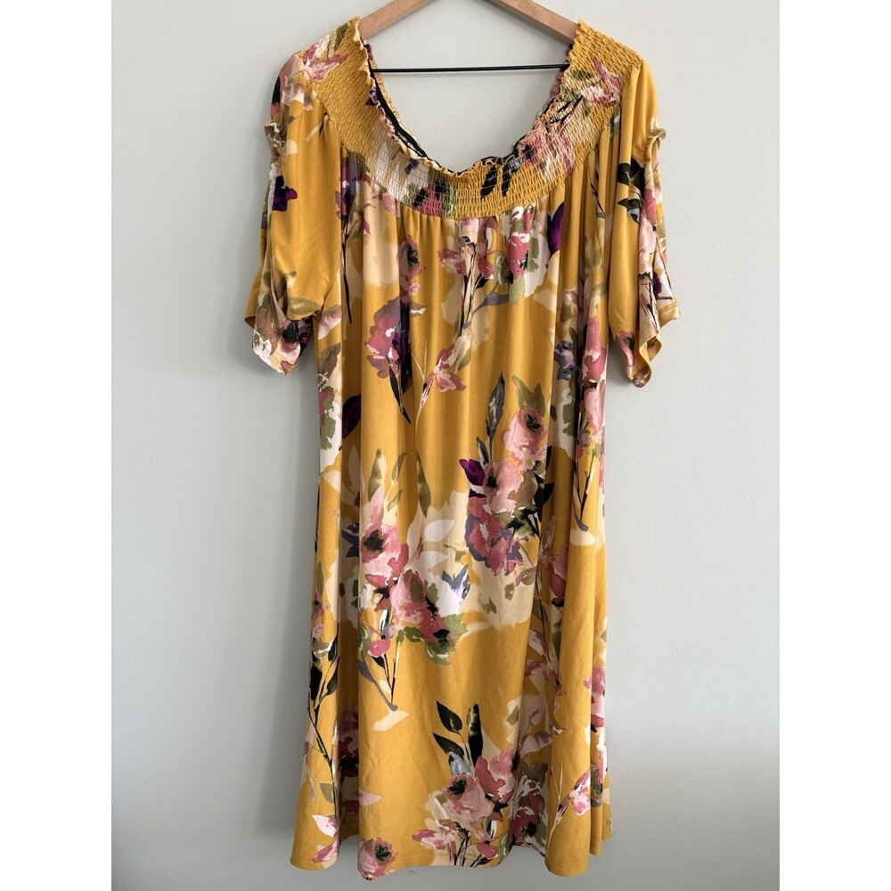Mlle Gabrielle Dress Yellow Floral Womens Size 3X Elastic Neckline Stretch - Picture 6 of 6